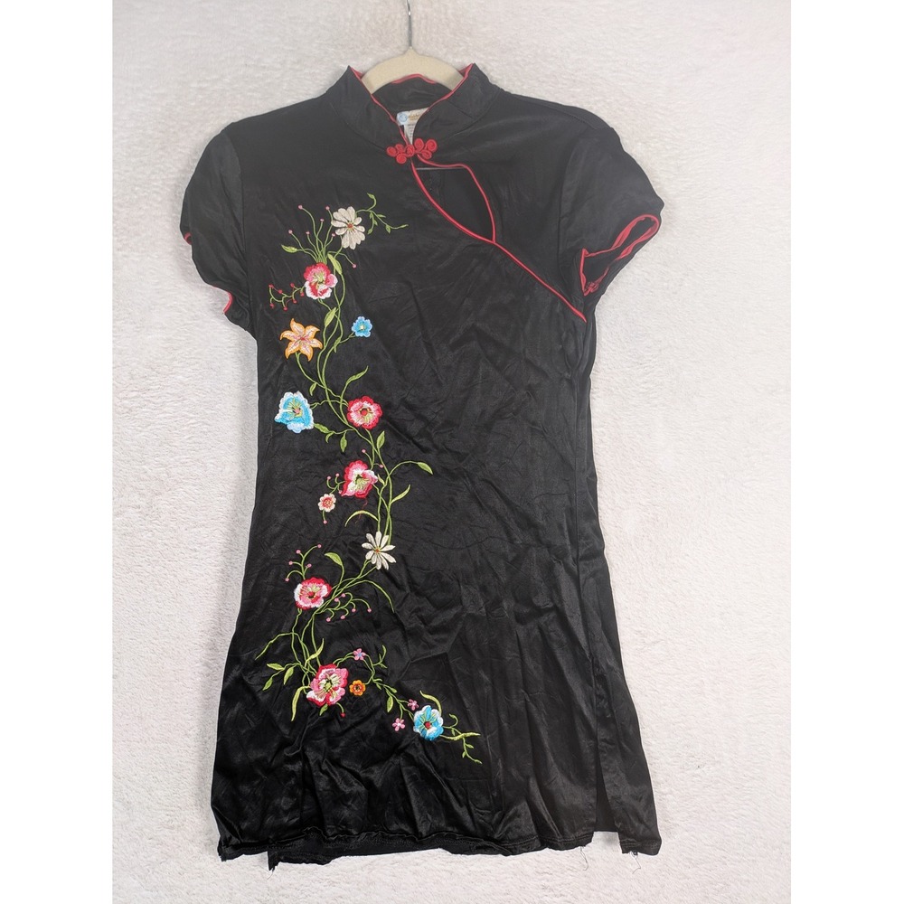 Rubber Ducky Mini Dress Women's Medium Black Floral Embroidered Satin Mandarin